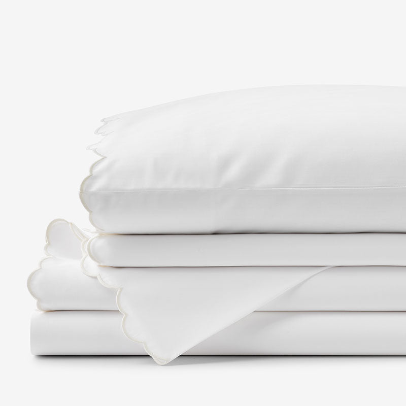 Embroidered Scallop Classic Smooth Sateen Solid Bed Sheet Set - Ivory, Twin XL