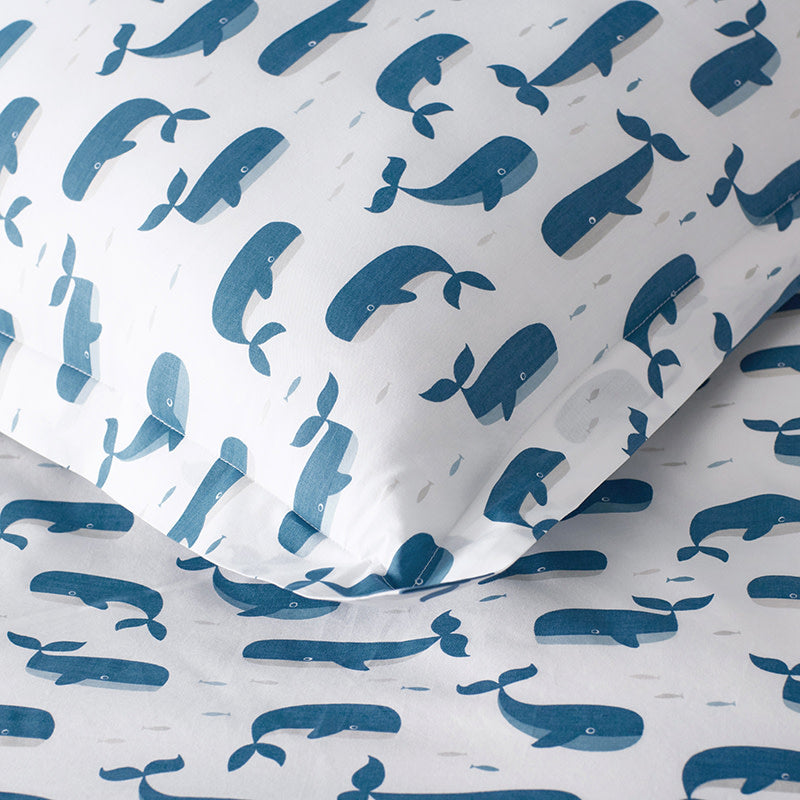 Whale School Classic Cool Organic Cotton Percale Sheet Set - Blue, Toddler