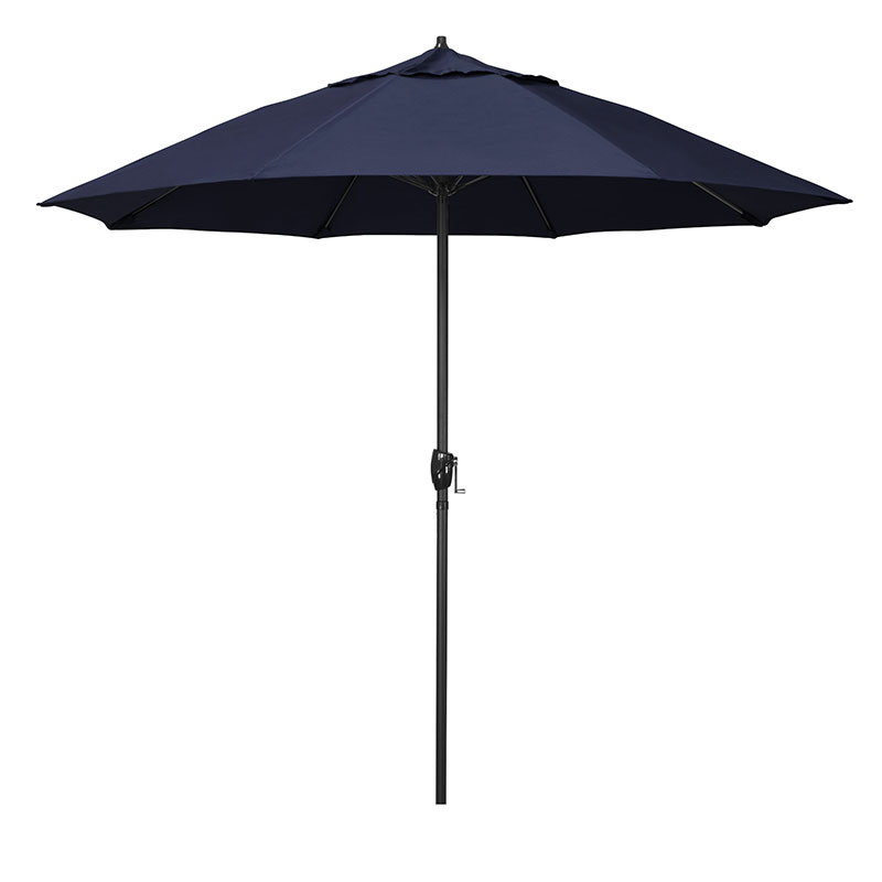 Round Outdoor Patio Umbrella, Aluminum with Auto Tilt Crank - Black Finish, Navy, 9'