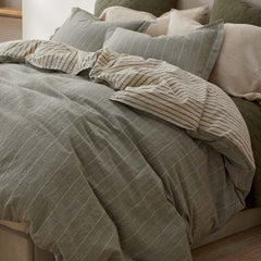Tailored Stripes Premium Breathable Washed Linen Cotton Reversible Duvet Cover - Wide Stripe Dark Olive, Twin/Twin XL
