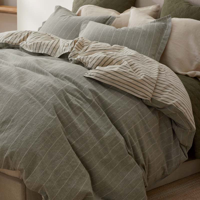 Tailored Stripes Premium Breathable Washed Linen Cotton Reversible Duvet Cover - Wide Stripe Dark Olive, King/Cal. King