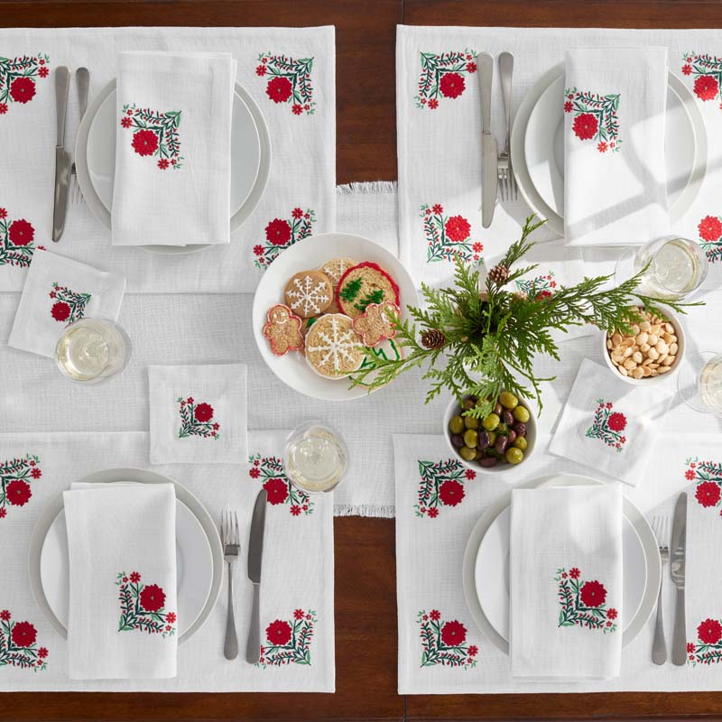 Embroidered Novelty Cocktail Napkins, Set of 4 - Poinsettia