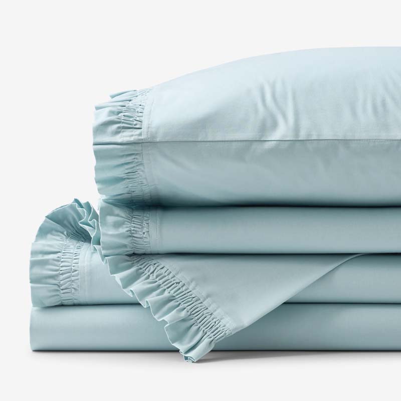 Solid Ruffle Garment Washed Cotton Percale Bed Sheet Set - Cloud Blue, Twin XL