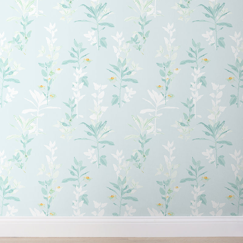 Aqua Leaf Silhouette Traditional Wallpaper - Teal Blue, Roll