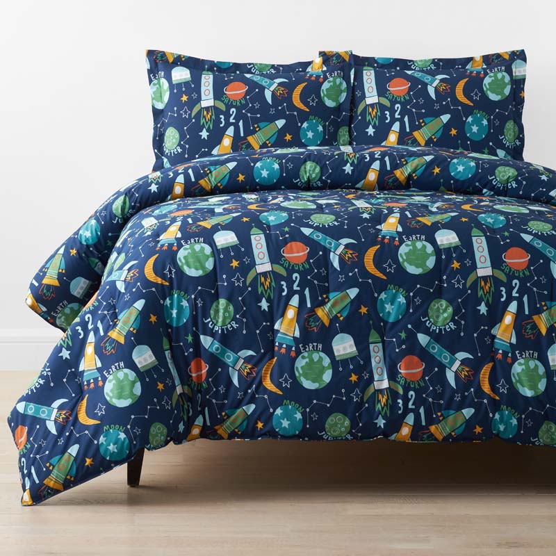 Planets and Rockets Classic Cool Organic Cotton Percale Comforter Set - Navy Multi, Twin/Twin XL