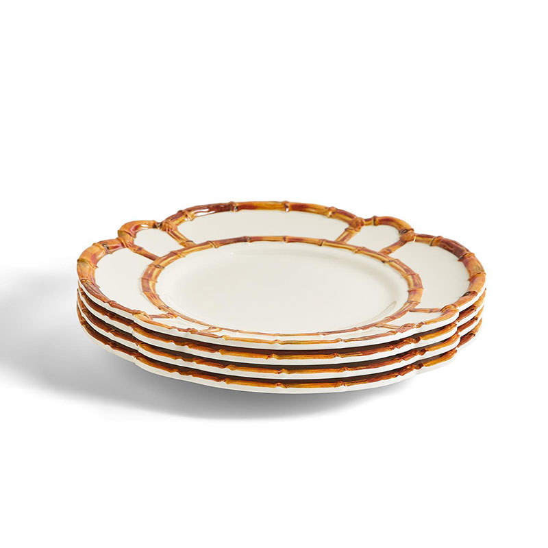 Faux Bamboo Border Melamine Dinner Plates, Set of 4 - White