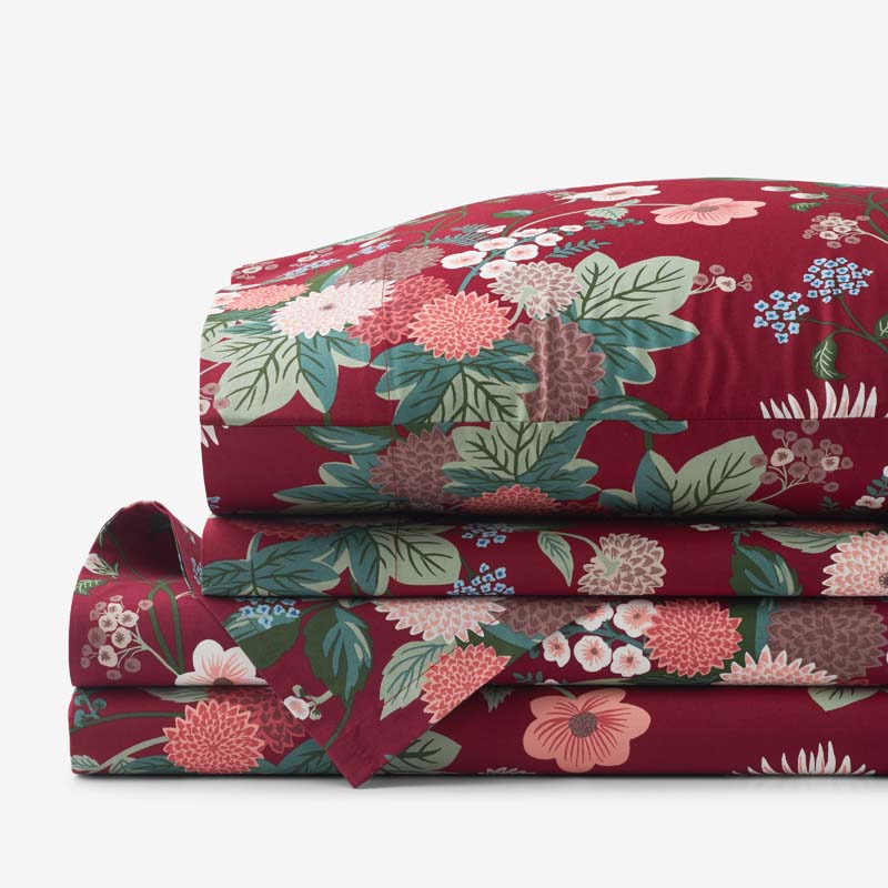 Dahlia Classic Cool Cotton Percale Bed Sheet Set - Dark Red, Queen