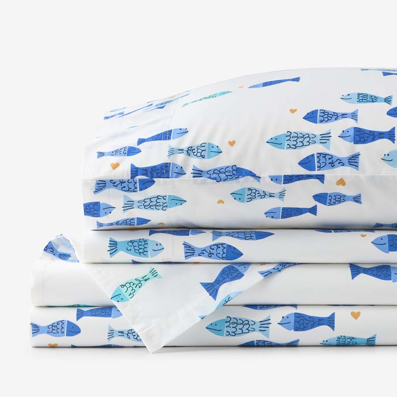 Summer Prints Classic Cool Cotton Percale Bed Sheet Set - Fish Swim, Twin