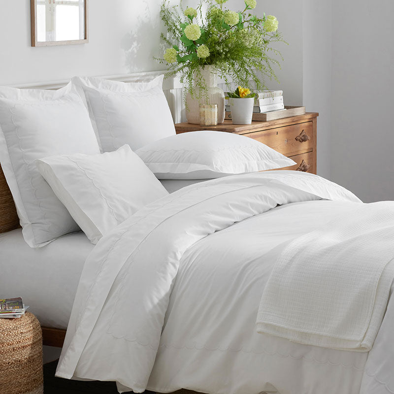 Embroidered Scallop Classic Cool Cotton Percale Bed Sheet Set - White, Twin