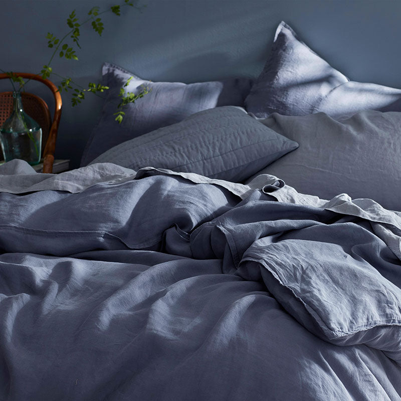Premium Breathable Washed Linen Solid Fitted Bed Sheet - Denim Blue, Twin