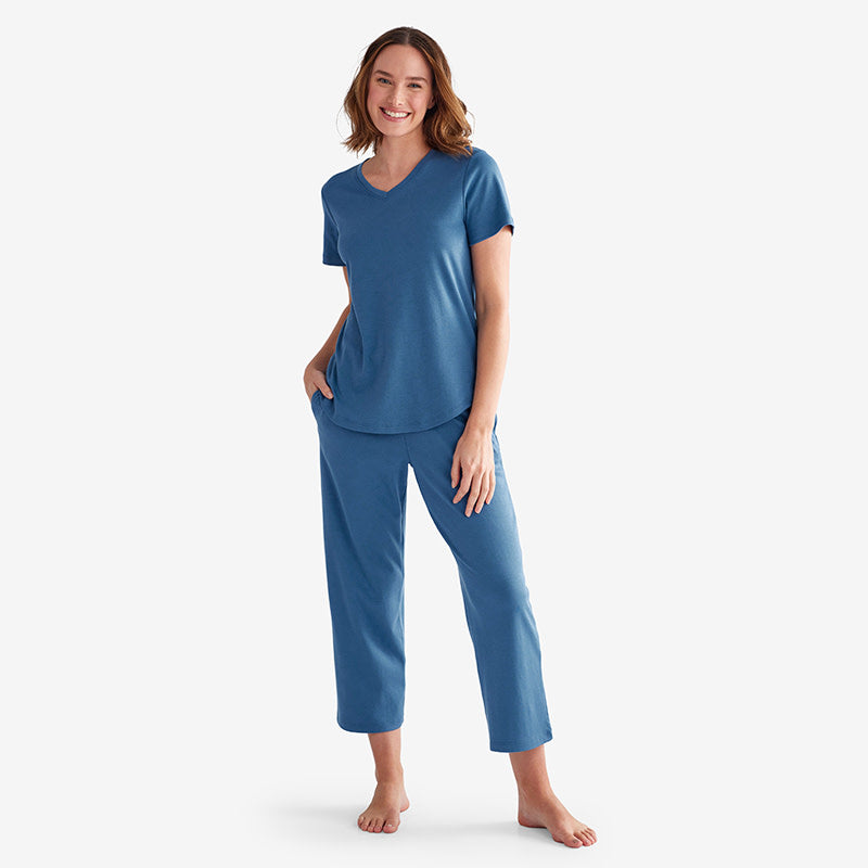 Pima Cotton Women's Cropped Pajama Set - Blue Denim, XL