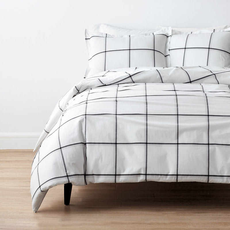 Tailored Stripes and Plaids Classic Cool Cotton Percale Bed Duvet Cover - Window Pane Plaid Graphite Black, Full