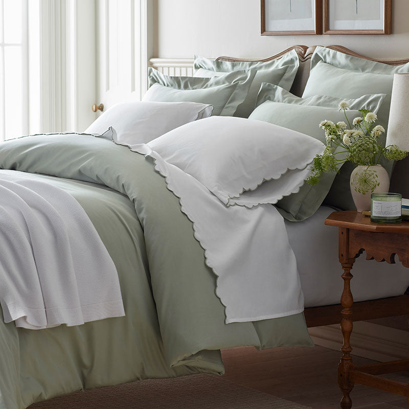 Embroidered Scallop Classic Smooth Sateen Solid Pillowcase Set - Light Sage, Standard