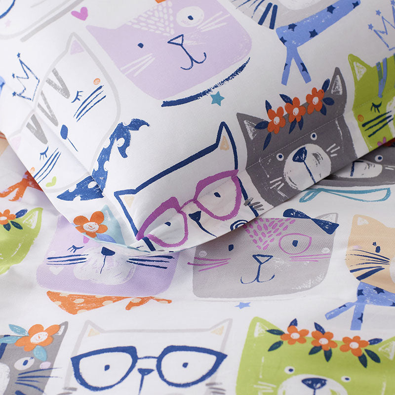Stylish Cats Classic Cool Organic Cotton Percale Bed Sheet Set - White Multi, Twin