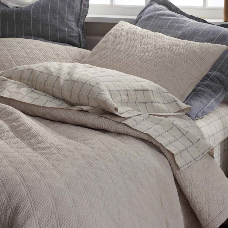 Tailored Stripes and Plaids Premium Breathable Washed Linen Cotton Fitted Bed Sheet - Windowpane Deep Navy, Twin