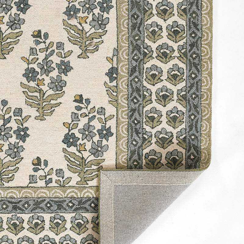 Floral Border Hand Tufted Wool Rug -  Green, 5' x 8'
