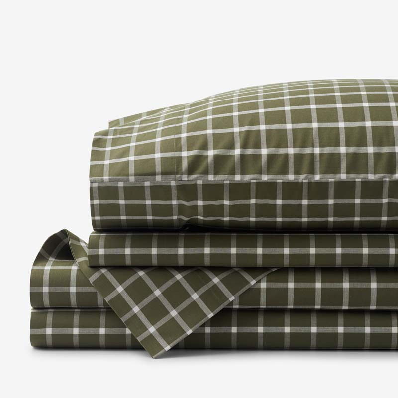 Classic Stripes and Plaids Cool Yarn-Dyed Cotton Percale Bed Sheet Set - Windowpane Green, Twin