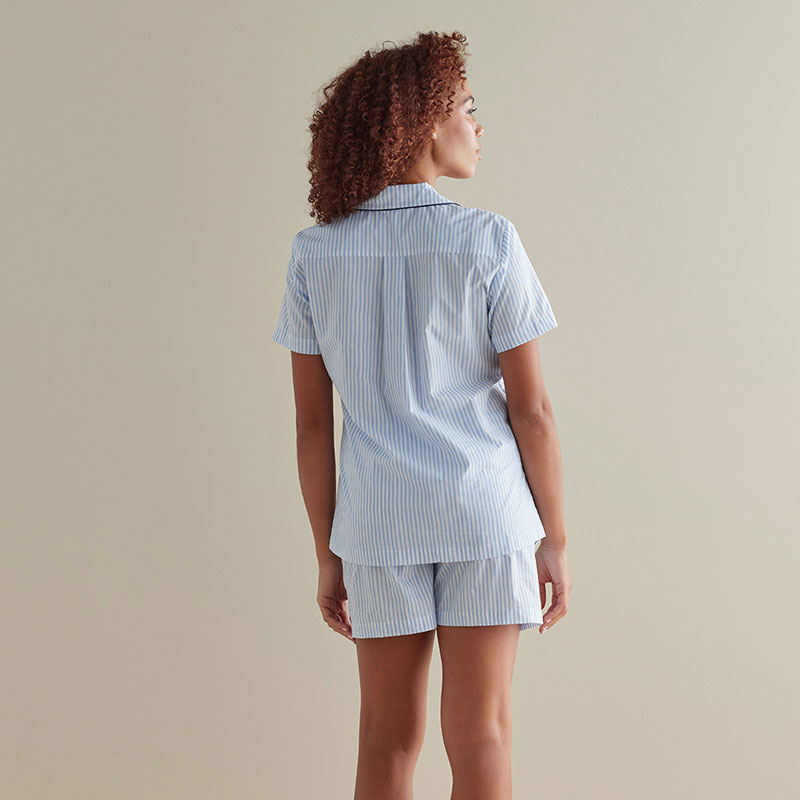 Printed Poplin Women's Shorts Set - Blue Stripe, L