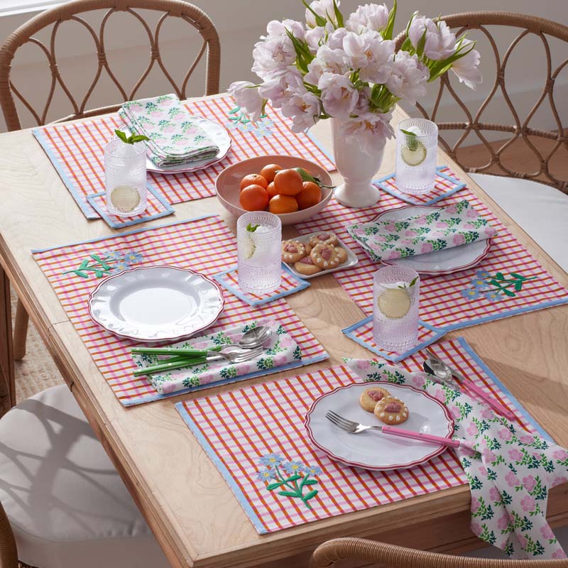 Floral Plaid Reversible Cocktail Napkins, Set of 4 - Red