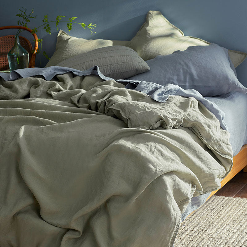 Premium Breathable Washed Linen Solid Bed Sheet Set - Moss Green, Queen
