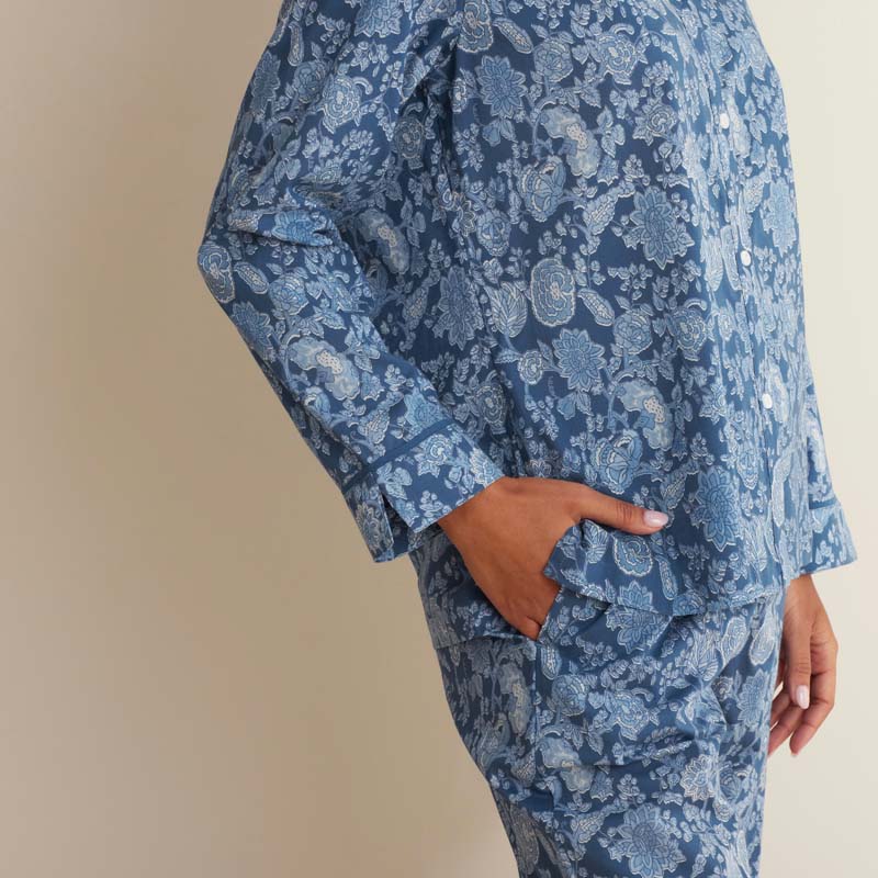 Printed Voile Women's Cropped Pajama Set - Indigo Floral, XXL