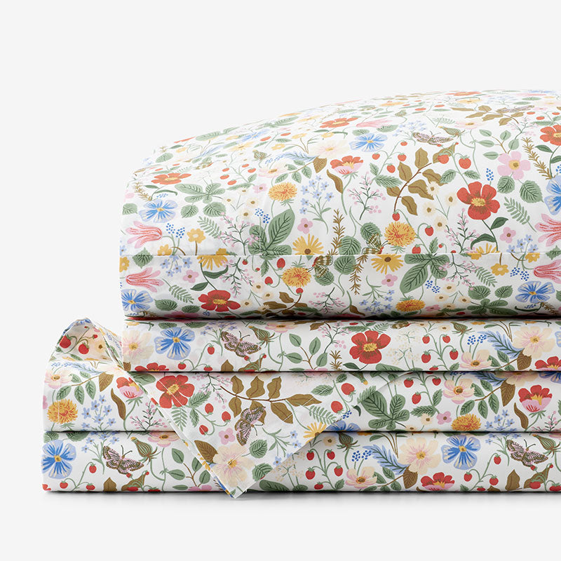 Strawberry Fields Classic Cool Cotton Percale Bed Sheet Set - White Multi, King