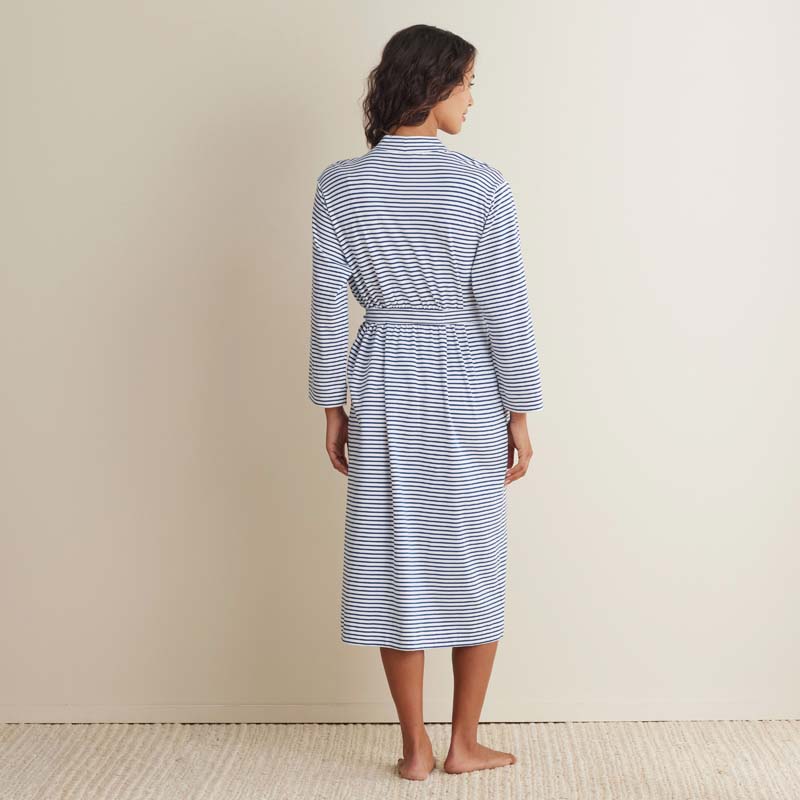 Yarn-Dyed Stripe Pima Cotton Women's Kimono Robe - Navy/White, L