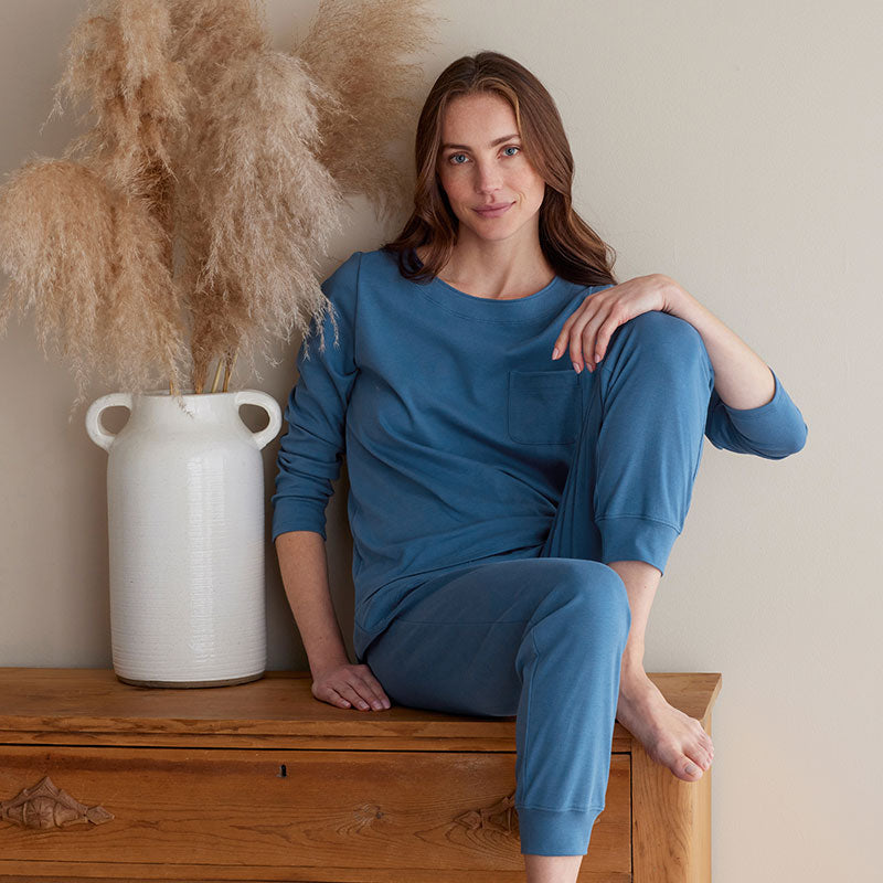 Pima Cotton Women's Jogger Pants Pajama Set - Blue Denim, S