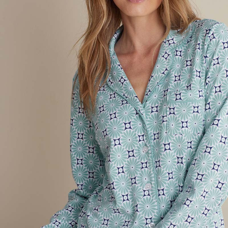 Printed Peruvian Cotton Women's Button-Down Pajama Set - Cool Daisy, M