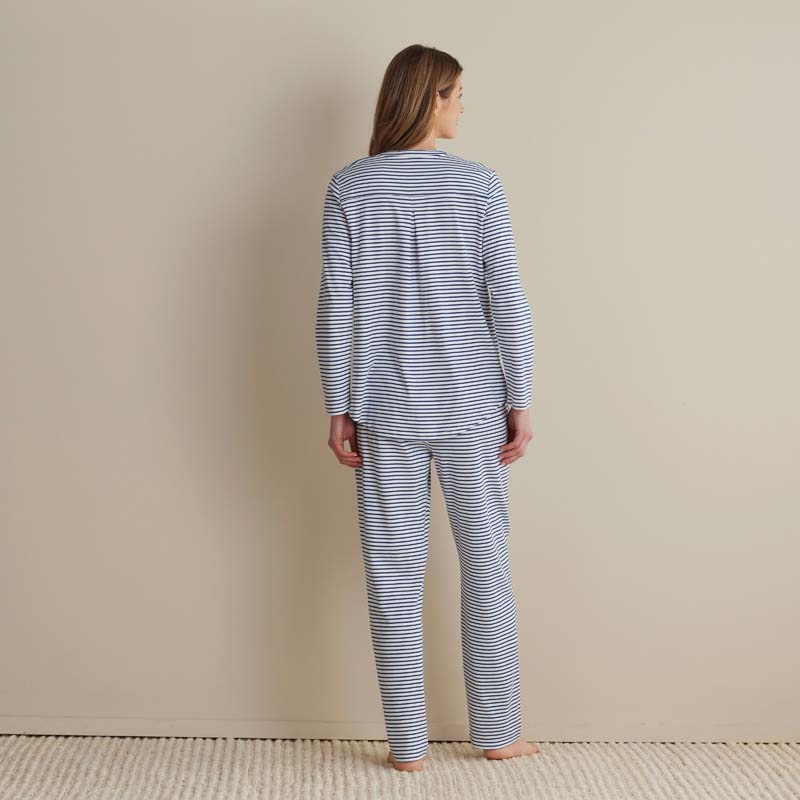 Yarn-Dyed Stripe Pima Cotton Women's Button-Down Pajama Set - Navy/White, XS