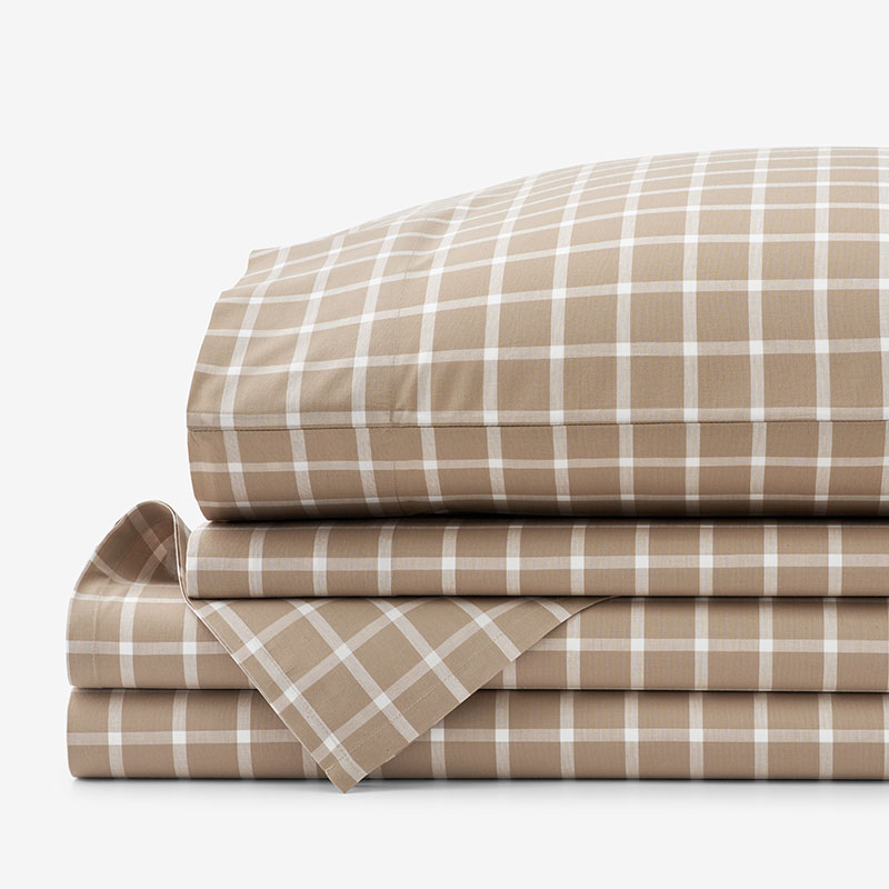 Classic Stripes and Plaids Cool Yarn-Dyed Cotton Percale Bed Sheet Set - Windowpane Taupe, Queen