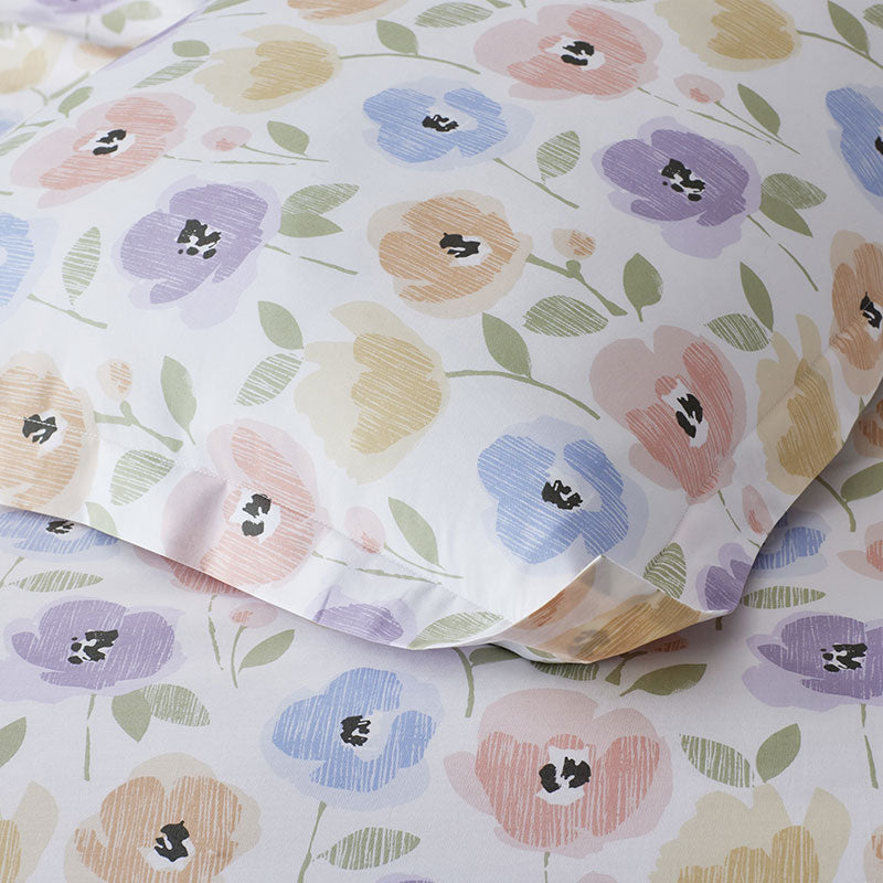 Pastel Poppies Classic Cool Organic Cotton Percale Duvet Cover Set - White Multi, Full/Queen