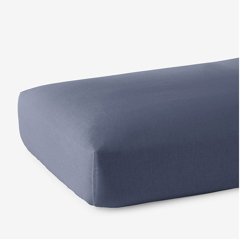Premium Breathable Washed Linen Solid Fitted Bed Sheet - Denim Blue, Queen