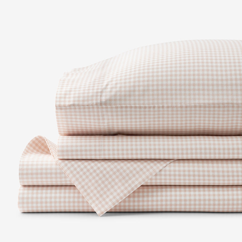 Ditsy Gingham Classic Cool Organic Cotton Percale Bed Sheet Set - Pink, Full