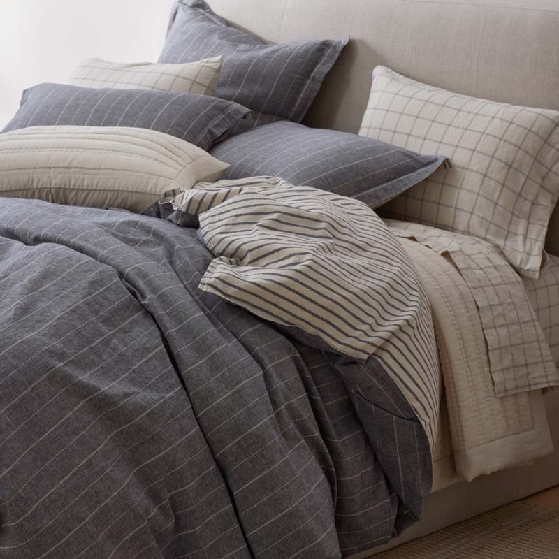 Tailored Stripes Premium Breathable Washed Linen Cotton Reversible Duvet Cover - Wide Stripe Deep Navy, King/Cal. King