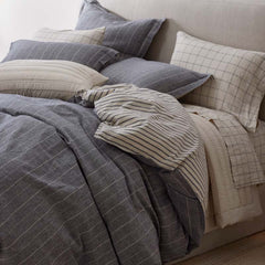 Tailored Stripes Premium Breathable Washed Linen Cotton Reversible Duvet Cover - Wide Stripe Deep Navy, King/Cal. King