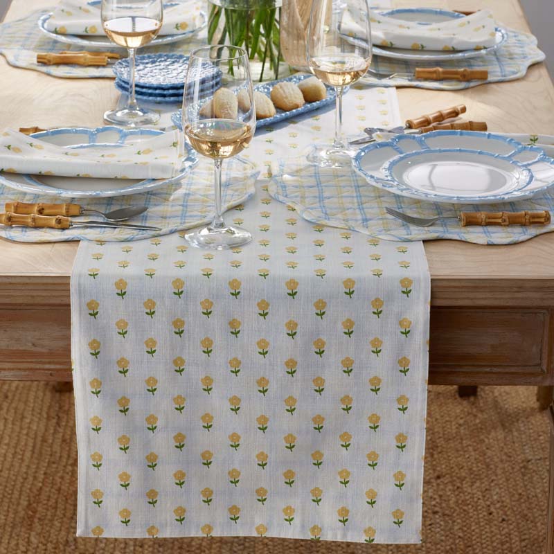 Flowers & Plaid Yarn-Dyed Reversible Table Runner - Graph Plaid Yellow, 16 in. x 108 in.