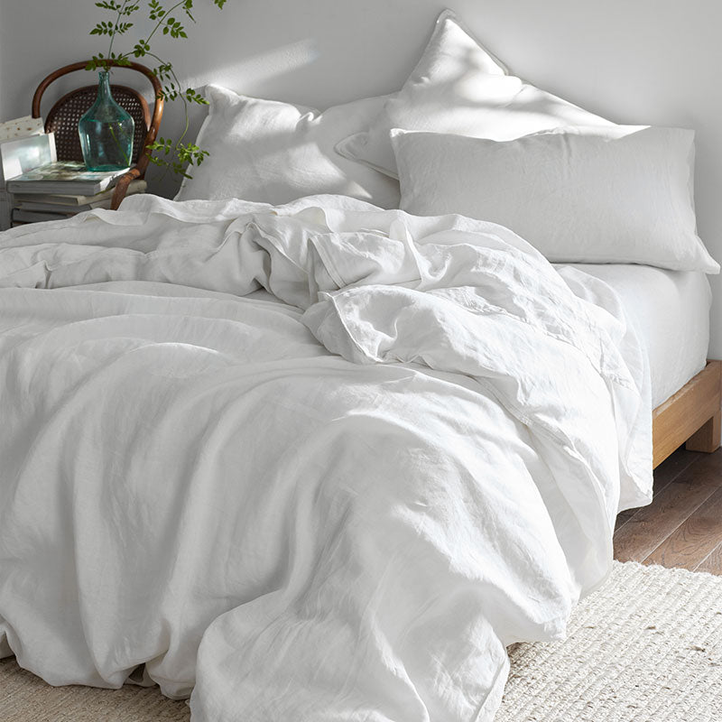 Premium Breathable Washed Linen Solid Flat Bed Sheet - White, King/Cal King