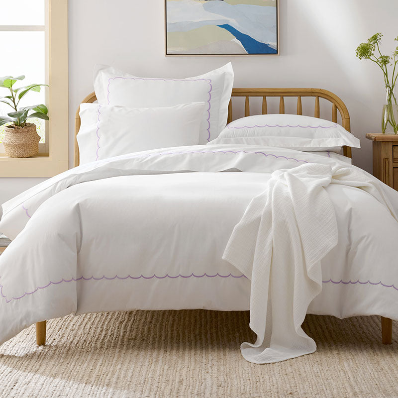 Embroidered Scallop Classic Cool Cotton Percale Bed Sheet Set - Lavender, King