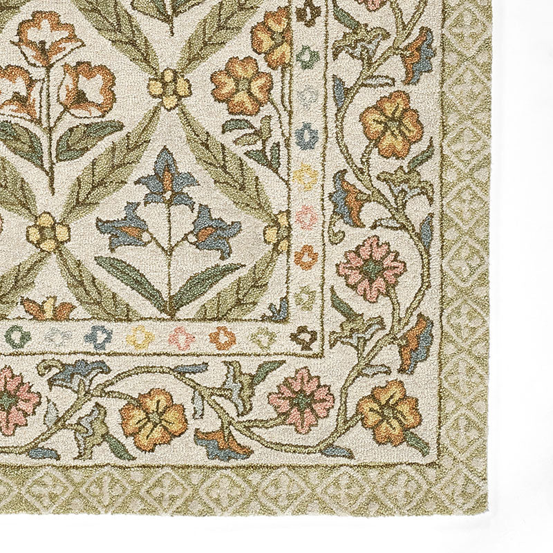Floral Border Hand Tufted Wool Rug -  Green Multi, 8' Runner