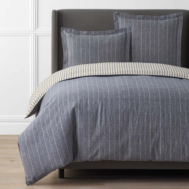 Tailored Stripes Premium Breathable Washed Linen Cotton Reversible Duvet Cover - Wide Stripe Deep Navy, Full/Queen