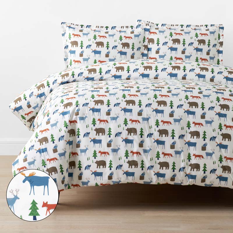 Forest Friends Classic Cool Organic Cotton Percale Duvet Cover Set - White Multi, Full