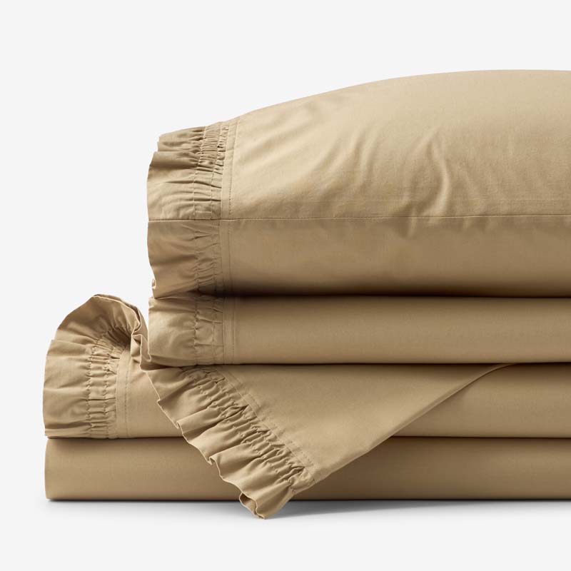 Solid Ruffle Garment Washed Cotton Percale Bed Sheet Set - Wheat, Full
