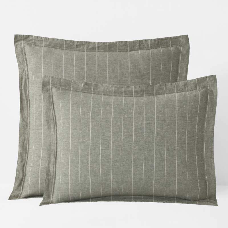 Tailored Stripes Premium Breathable Washed Linen Cotton Reversible Sham - Wide Stripe Dark Olive, King