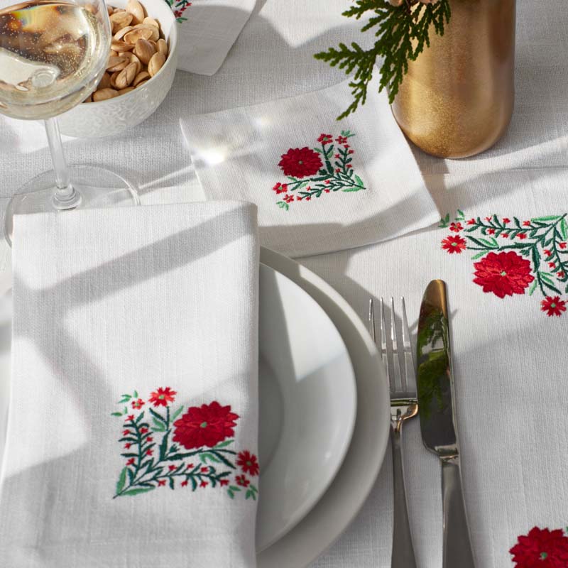 Embroidered Novelty Napkins, Set of 4 - Poinsettia