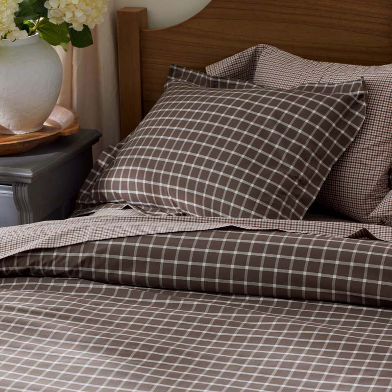 Classic Stripes and Plaids Cool Yarn-Dyed Cotton Percale Fitted Bed Sheet - Windowpane Brown, Twin XL