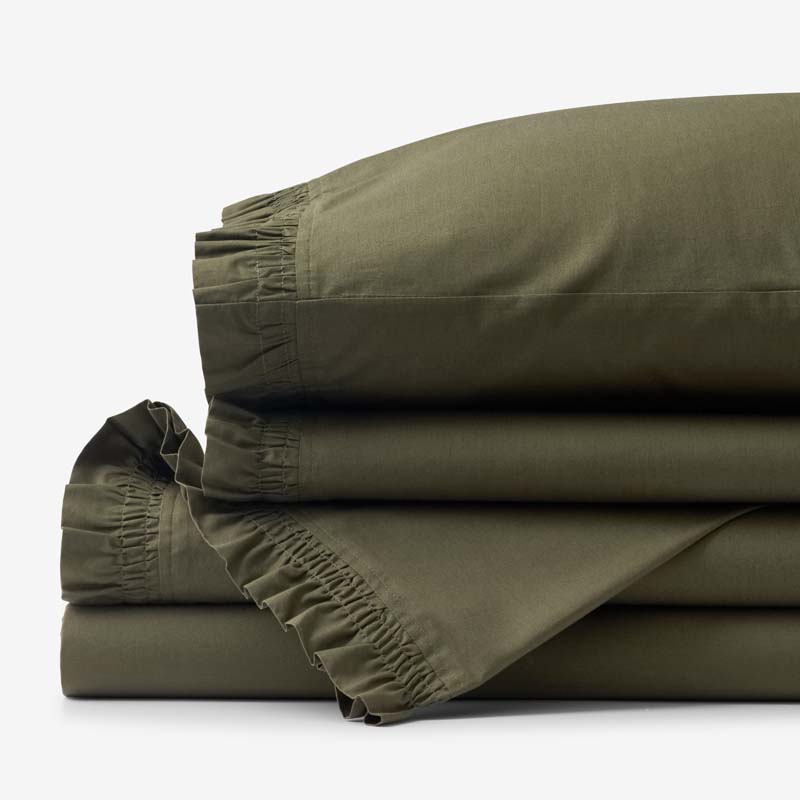 Solid Ruffle Garment Washed Cotton Percale Bed Sheet Set - Olive, Twin XL