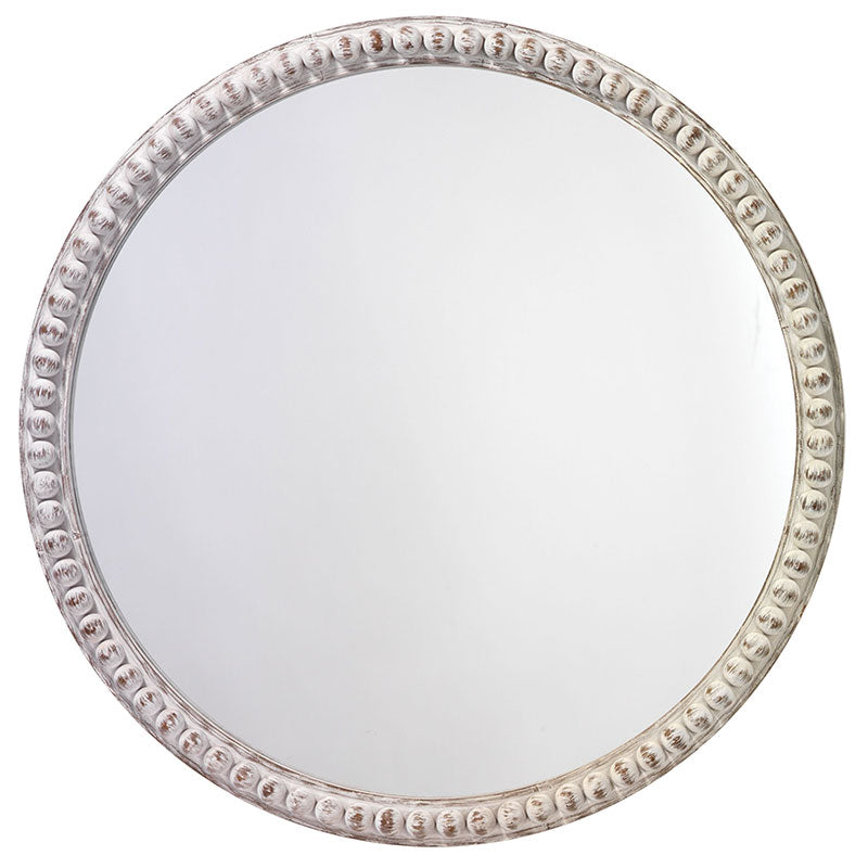 Wood Beaded Mirror - White, Round