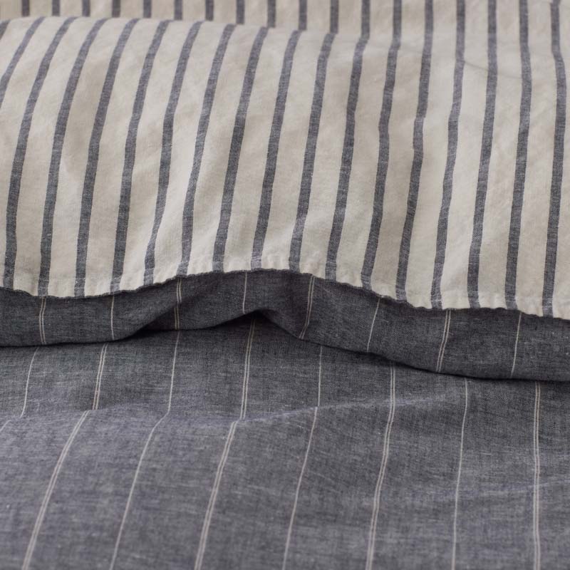 Tailored Stripes Premium Breathable Washed Linen Cotton Reversible Duvet Cover - Wide Stripe Deep Navy, Full/Queen