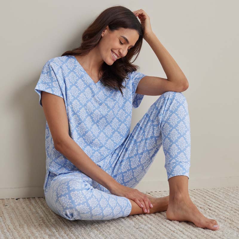 Printed Pima Cotton Women's Jogger Pants Pajama Set - Lisbon Blue, L